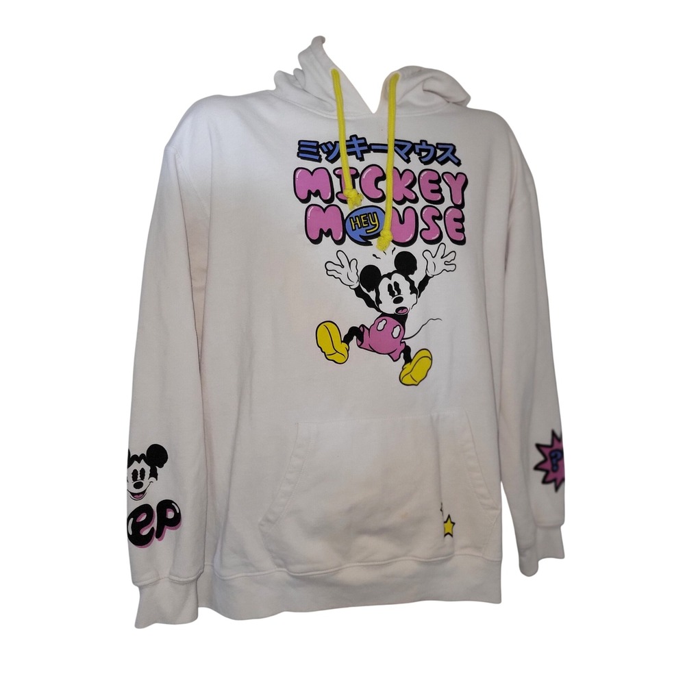 Disney Mickey Mouse Graphic Hoodie White Japanese Text Casual XXL fun streetwear